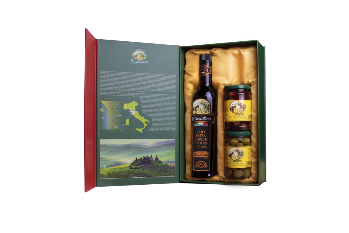 Confezione Regalo 1 bottiglia Cavallino Special Edition 0.500ml
e 2 vasetti di Olive nere in Salamoia
